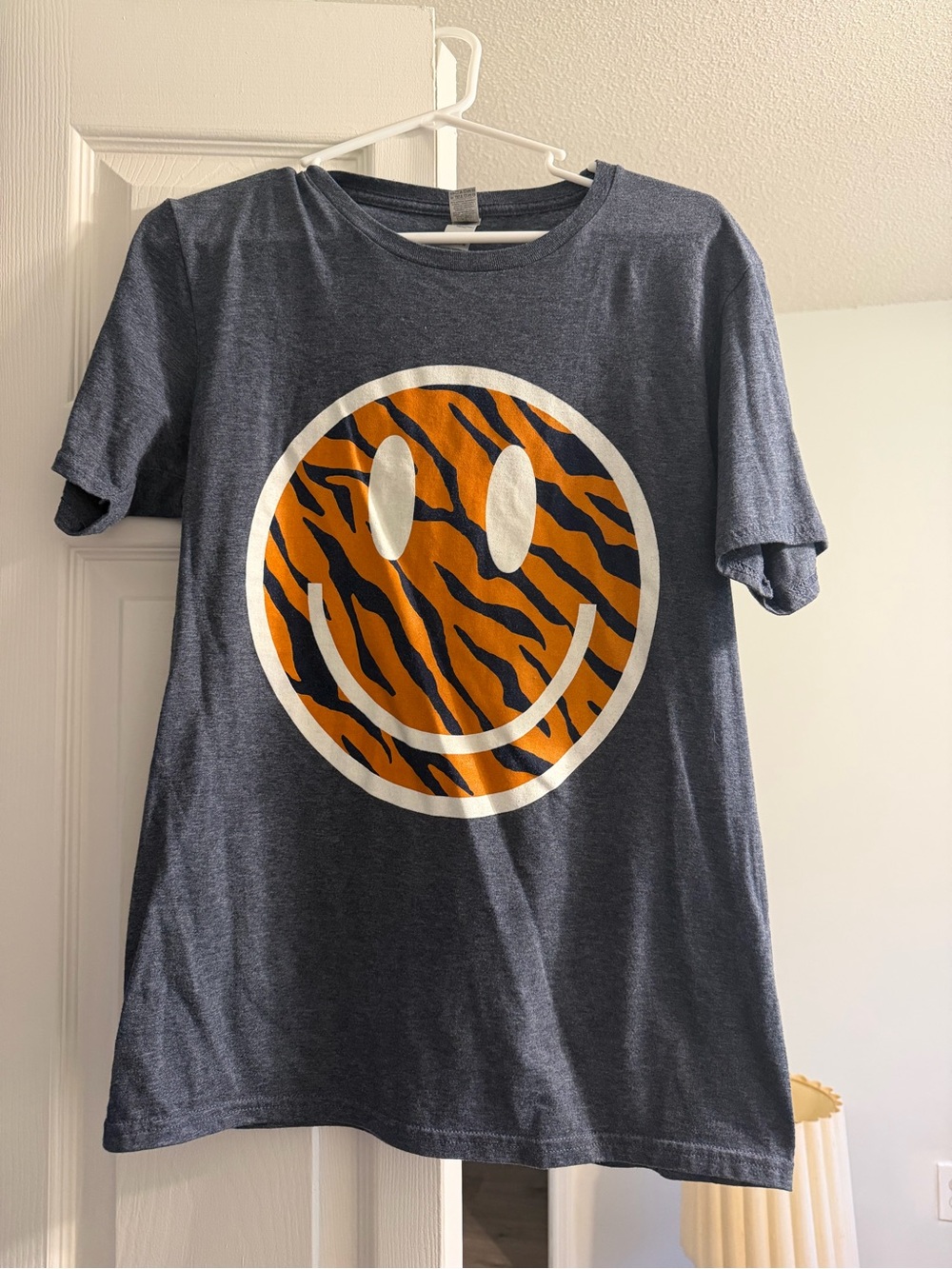 Gildan Navy Tee with Orange Tiger Smiley Graphic